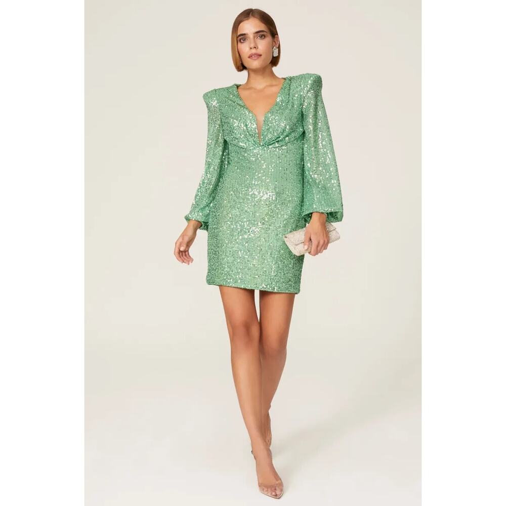 Sequin V-Neck Puff Sleeve Mini Dress in Mint Green